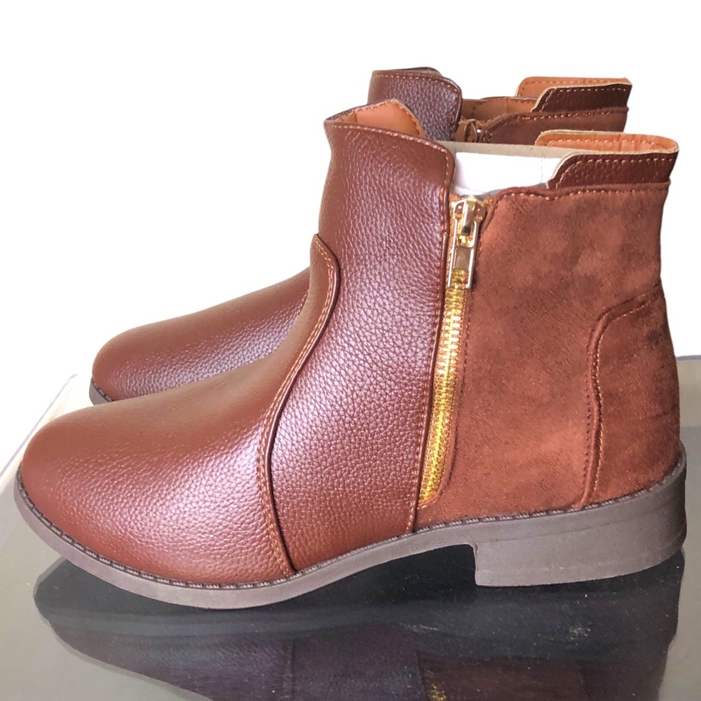 Women’s Brown Ankle Boots Side Zip Faux Leather & Suede Booties Size 7 NEW
